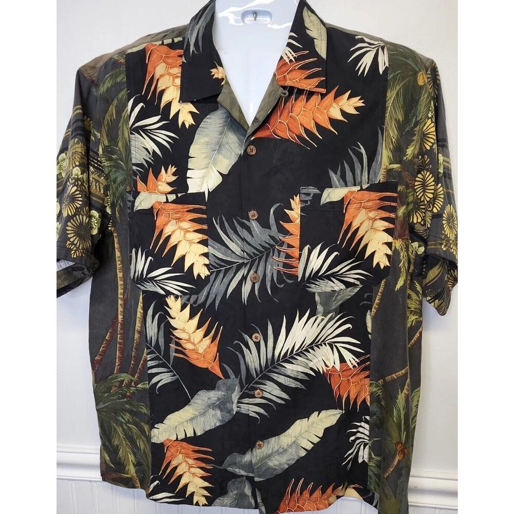Men's L Tommy Bahama Hawaiian 100% Silk S/S Button Shirt Black Multipattern